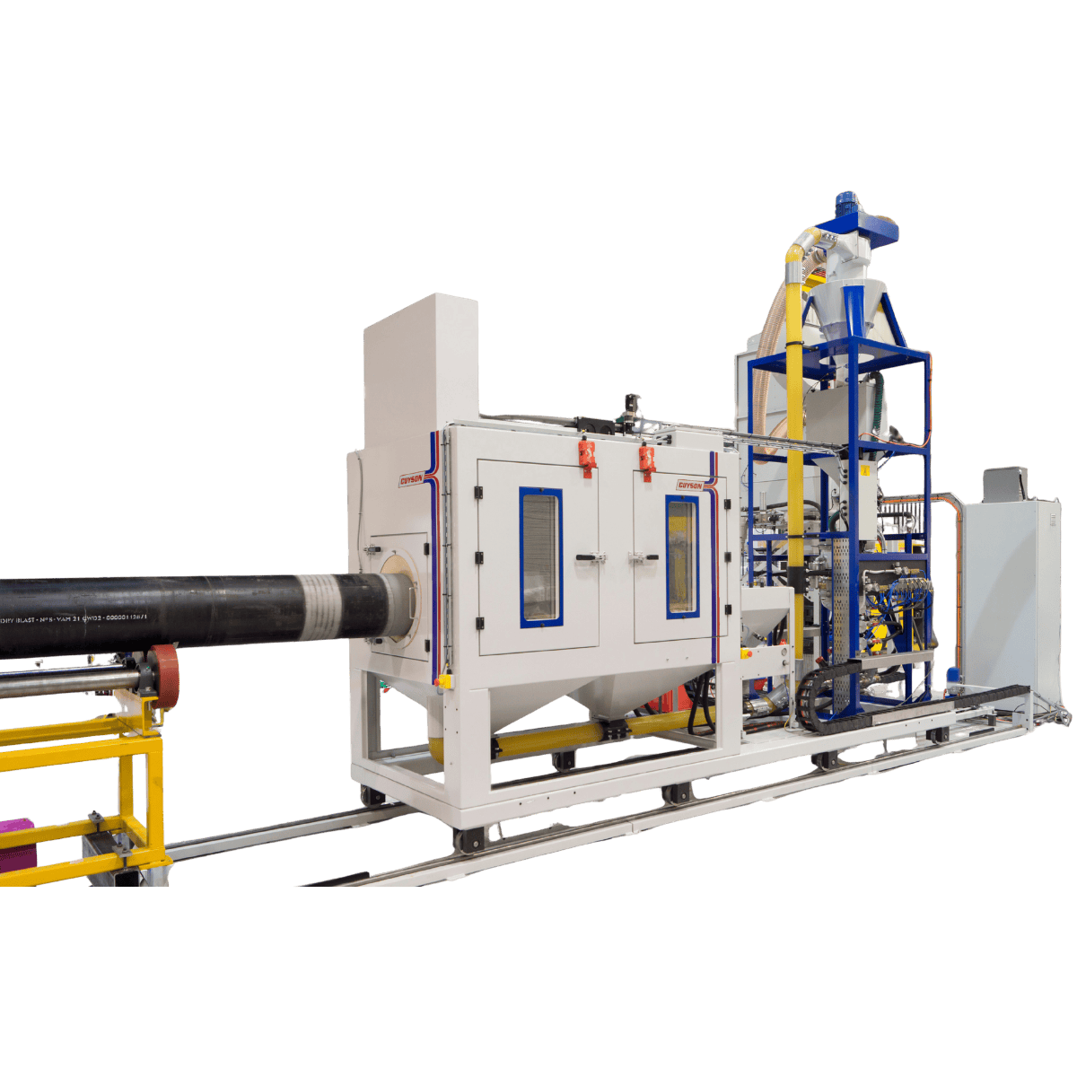 Semi-Automated Pressure Feed Blast Finishing System for grit blasting the threaded section of drill rods and pipes